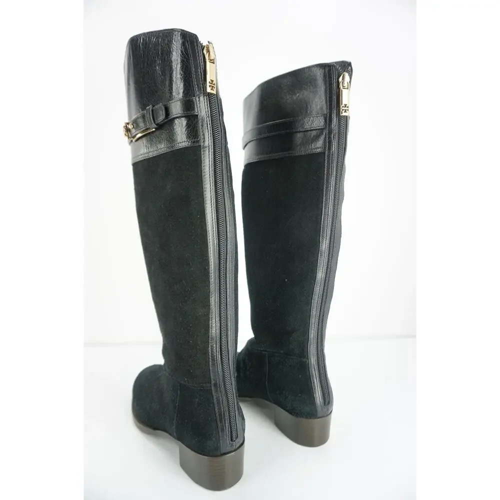 Tory Burch Black Suede Jenna Logo Tall Knee Riding Boots New